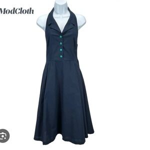 ModCloth NEW Navy Blue Cotton Halter Fit and Flare Dress Turquoise Buttons 3X